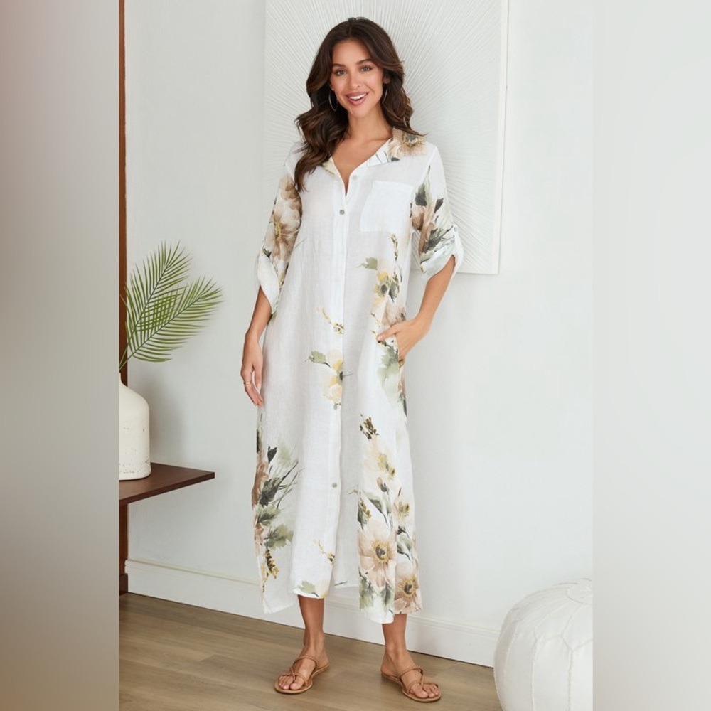 (5-42-MAGNOLIA-WHT) BUTTON DOWN LONG MAGNOLIA FLOWERS LINEN DRESS